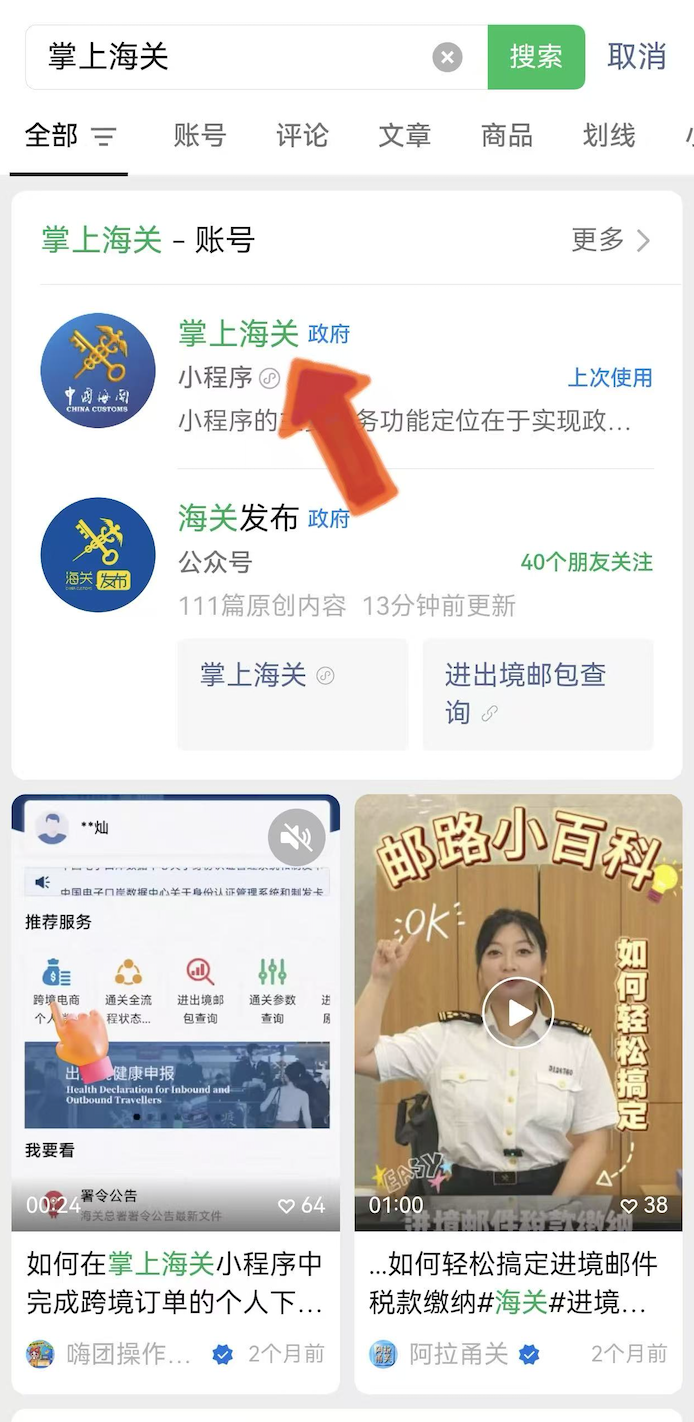 微信搜索掌上海关的页面截图